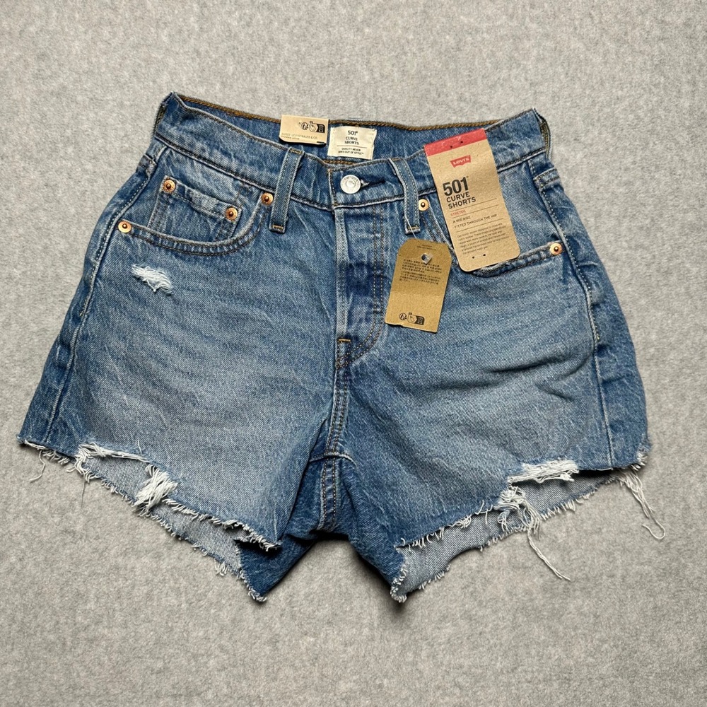 Levis 501 Curve Shorts Womens 25 Stretch Mid Rise Distressed Raw Hem Denim Blue